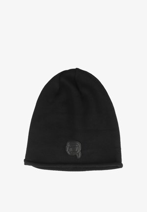 Berretto a maglia nero con risvolto, caratterizzato da un'etichetta testurizzata con il logo di un personaggio con occhiali da sole sul fronte.