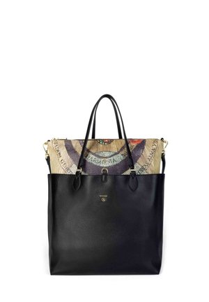 Borsa tote in pelle nera con doppi manici, dotata di una pochette in tessuto staccabile con motivo circolare e a mappa.
