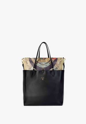 Borsa tote in pelle nera con doppi manici, dotata di una pochette in tessuto staccabile con motivo circolare e a mappa.