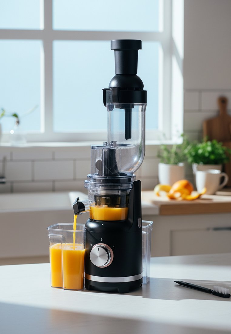 Černý pomalý odšťavňovač vytlačuje pomerančovou šťávu do odměrné nádoby na bílém kuchyňském pultu s oknem v pozadí.