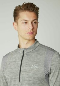 Grau gestreifter Pullover mit Viertelreißverschluss aus strukturiertem Stoff, mit glattem Kragen, kontrastierenden Ärmeln und einem kleinen Logo auf der Brust.