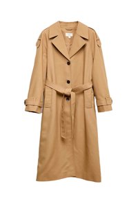 Beiger Trenchcoat mit einem Bindegürtel, großem Reverskragen, Schulterklappen und vorderen Knöpfen. Verfügt über Seitentaschen und Details an den Bündchen.