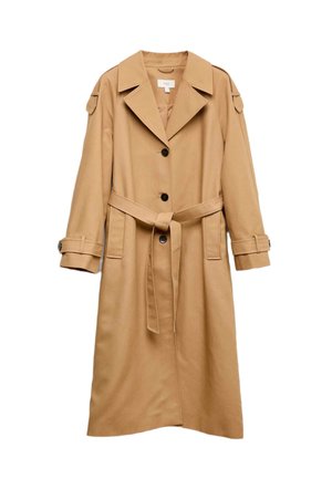 Beige trenchcoat met een riem, grote ingesneden kraag, schouderepauletten en knopen aan de voorkant. Voorzien van zijzakken en details op de mouwen.