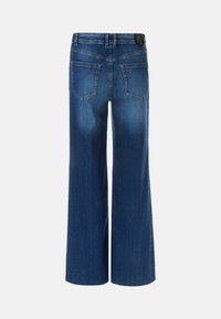 Wide-leg denim jeans in dark blue, featuring two back pockets and a textured waistband accent. Soft texture with a slight fade.
