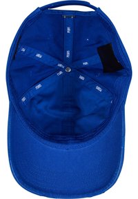 Blue baseball cap featuring a smooth, textured fabric. Interior reveals branded stitching and a snapback adjuster.