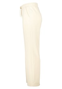 Beige joggingbroek met een tailleband met trekkoord, twee zijzakken, een rechte pasvorm en een gladde, zachte textuur.