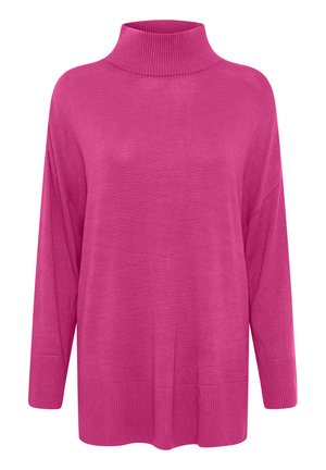 Ryškiai rožinė megzta palaidinė, su braukta tvarsliava, laisvas kirpimas, krentantys peties siūlai ir plačios rankovės. Lygi tekstūra su minimalistiniu dizainu.