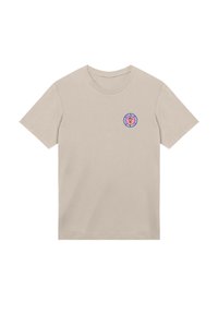 Beige cotton t-shirt with short sleeves. Front features a circular graphic with a pink design and text: "COFFEE CLUB THE CUTIE."