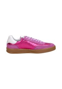 Pink sneakers with a glossy texture, featuring a white back, light pink laces, and a tan rubber sole. Smooth and shiny accents present.