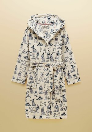 Kohvikarva hommikumantel kapuutsiga, kreemivalge taustaga, kaunistatud erinevates poosides ja stiilides illustreeritud koertega, millel on nööriga vöö ja taskud.