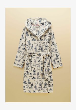 Kohvikarva hommikumantel kapuutsiga, kreemivalge taustaga, kaunistatud erinevates poosides ja stiilides illustreeritud koertega, millel on nööriga vöö ja taskud.