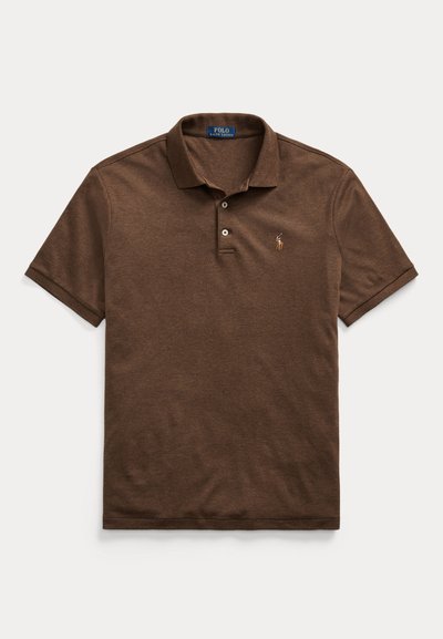 Brown short-sleeve Polo Ralph Lauren polo shirt with collar, two-button placket, and small embroidered horse logo on left chest.