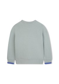 Sweatshirt azul claro feito de tecido macio, com um decote redondo, punhos canelados com detalhes azuis e um corte descontraído.