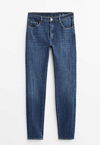 Mörkblå denimjeans med en figursydd design, femfickorsstil, knappstängning och subtil blekning längs låren.