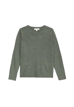 Groene wollen trui met lange mouwen, ronde halslijn en geribbelde onderrand. Gladde textuur en effen kleur zonder patronen of versieringen.