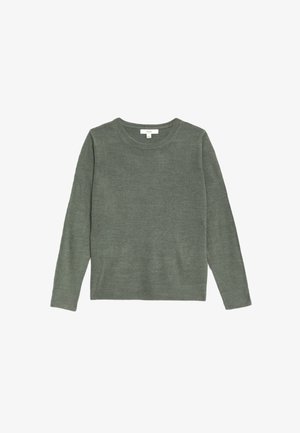 Pull en laine vert à manches longues, col rond et ourlet côtelé. Texture lisse et couleur unie sans motifs ni ornements.