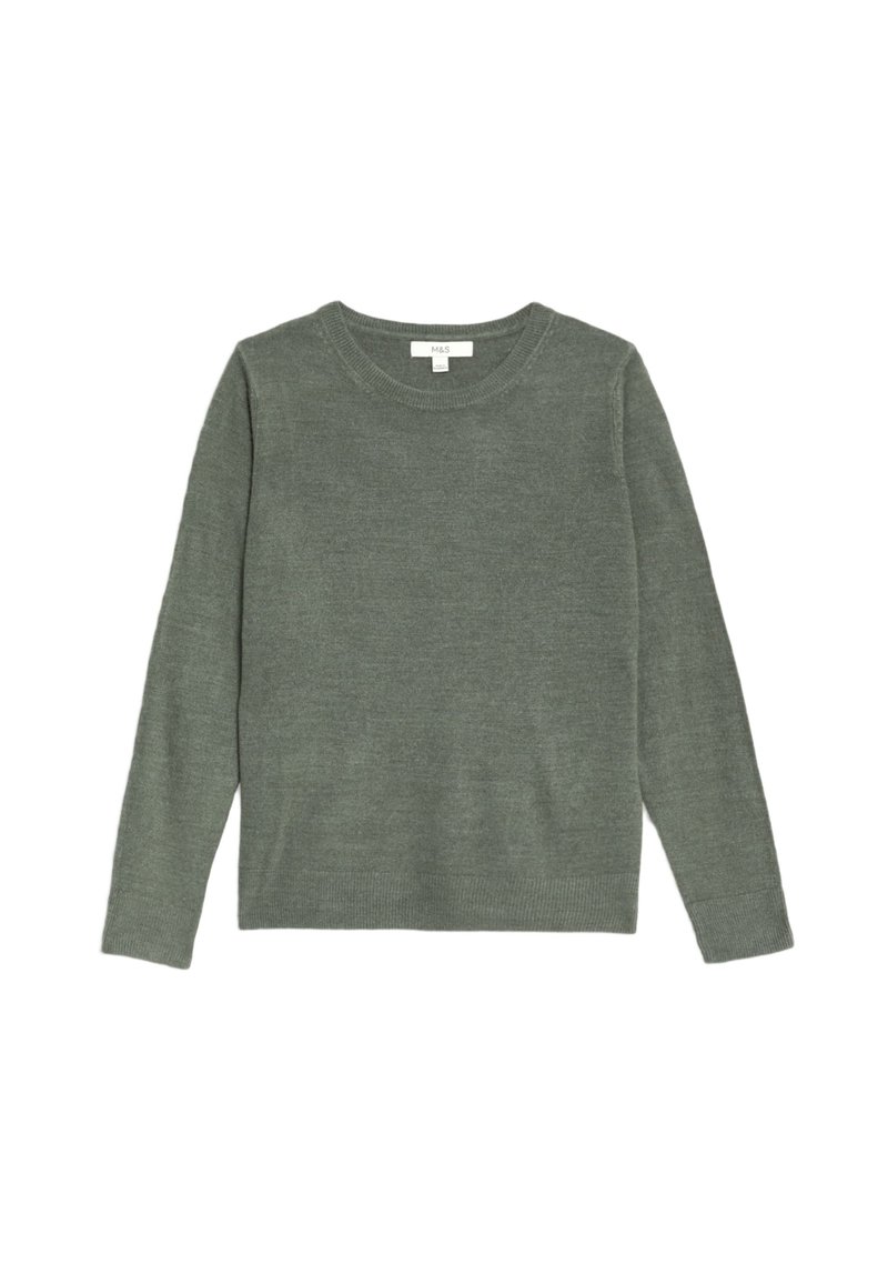 Pull en laine vert à manches longues, col rond et ourlet côtelé. Texture lisse et couleur unie sans motifs ni ornements.