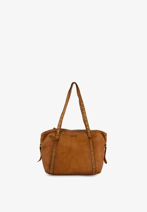 Braune Leder-Tote-Tasche mit Nietenakzenten, zwei langen Griffen und einem Reißverschluss. Ausgestattet mit einer glatten Textur und runder Form.