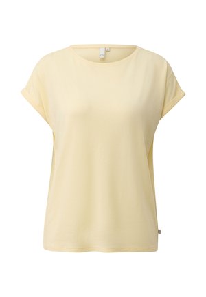 Blouse décontractée jaune clair à manches courtes avec encolure ronde et poignets retroussés, design simple, vue de face sur fond uni.