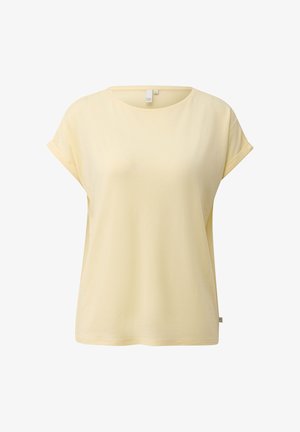 Hellgelbe, kurzärmelige, legere Bluse mit rundem Ausschnitt und umgeschlagenen Ärmeln, schlichtes Design, Vorderansicht vor einfarbigem Hintergrund.