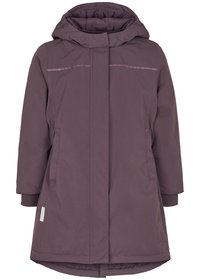 Parka étanche violette avec capuche, avec fermeture éclair à l'avant, poches latérales et poignets côtelés. Tissu lisse et isolé avec une coupe droite.
