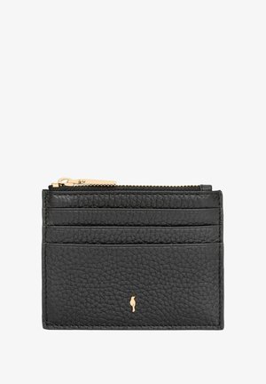 Czarny skórzany portfel na karty o teksturowanej powierzchni, z czterema przegródkami na karty oraz złotym zamkiem błyskawicznym z małym akcentem logo.