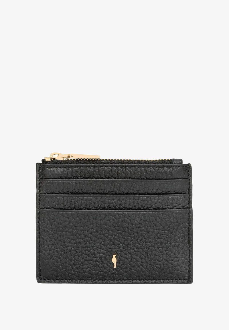 Czarny skórzany portfel na karty o teksturowanej powierzchni, z czterema przegródkami na karty oraz złotym zamkiem błyskawicznym z małym akcentem logo.