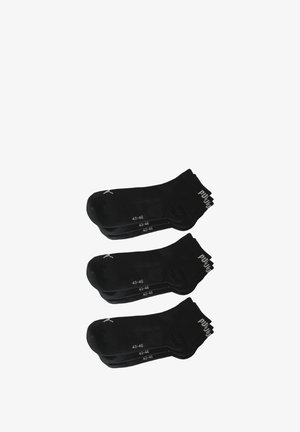Black sports socks in three pairs, size 43-46, featuring a ribbed cuff and logo detail at the top. Smooth texture and stretchy material.
