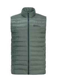 Gilet imbottito senza maniche in verde oliva con zip frontale, colletto alto e dettagli del logo. Tessuto liscio con cuciture orizzontali.