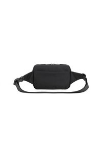 Borsetta in nylon nera a forma rettangolare, con texture liscia, chiusura con zip singola e tracolla regolabile. Dettaglio della tasca frontale visibile.