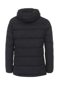Svart puffjacka med huva, med horisontellt quiltad sömnad, en slät yta och elastiska manschetter för en tätt sittande passform.
