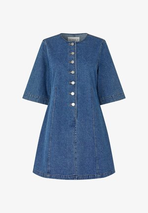 Denimkleit ümmarguse kaelusega, 3/4 pikkade varrukatega, esise nööbistamisega ja küljetaskutega. Hea sinine värv ja sile tekstuur.