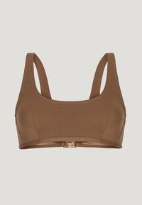 Top sportivo marrone con spalline larghe, texture liscia e chiusura anteriore a scatto. Design semplice con dettagli di cucitura sottili.