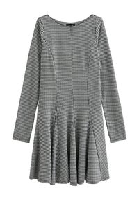 Schwarz-weißer karierten Kleid mit langen Ärmeln, leicht ausgestelltem Rock, glattem Stoff und Rundhalsausschnitt. Verfügt über vertikale Nähte.