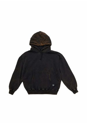 Zwarte hoodie met een kangoeroezak, een trekkoord capuchon en ribgebreide mouwen. Heeft een subtiele tie-dye effect en een klein logo-label aan de onderrand.