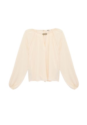 Kremowa bluzka z długim rękawem, marszczonymi rękawami, dekoltem z wycięciem typu keyhole oraz ozdobnym metalowym zapięciem przy kołnierzu.