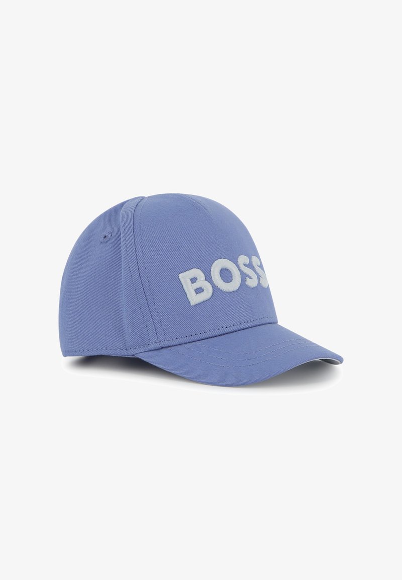 Blauwe baseballpet van katoen met een geborduurd wit "BOSS"-logo aan de voorkant, voorzien van een gebogen klep en een gestructureerde kroon.