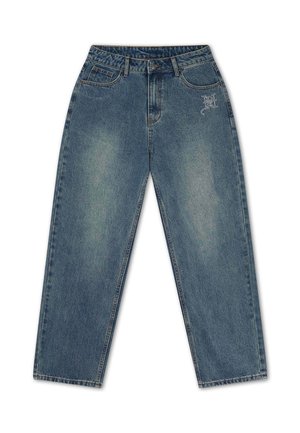 Jeans di denim blu con vita alta, gamba dritta, tasche frontali e piccolo logo ricamato sulla parte superiore coscia sinistra.