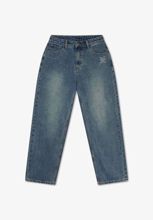 Jeans di denim blu con vita alta, gamba dritta, tasche frontali e piccolo logo ricamato sulla parte superiore coscia sinistra.