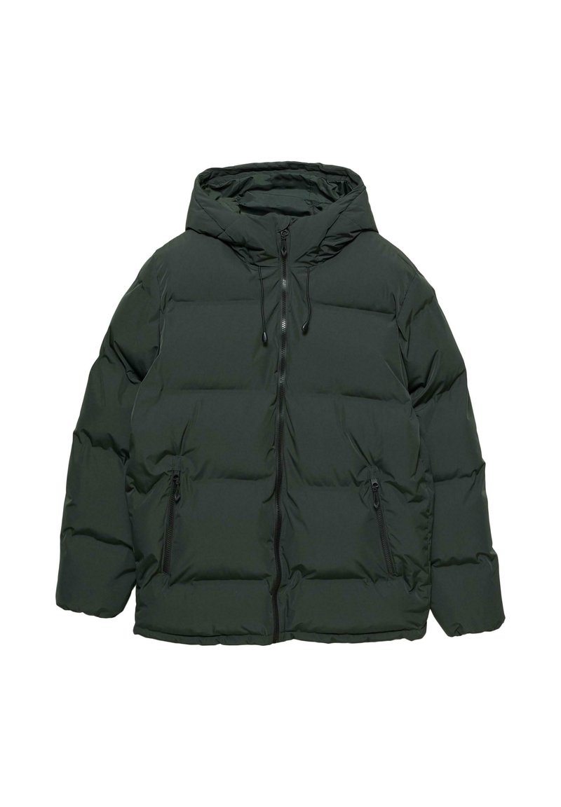 Jachetă puffer de culoare verde închis, cu glugă, având un fermoar frontal, două buzunare laterale și o textură matlasată pentru izolație.