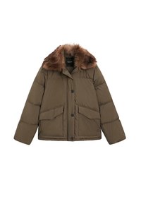 Brown padded jacket with a faux fur collar, featuring two front pockets and button closures. Smooth texture and boxy design.