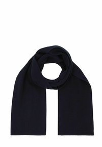 Bufanda de punto acanalado en azul marino oscuro, doblada en forma de bucle circular con ambos extremos colgando hacia abajo.