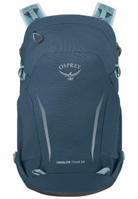 Osprey Hikelite Tour 24 backpack in dark blue with light blue accents, featuring a sleek design, textured fabric, and reflective stripes.