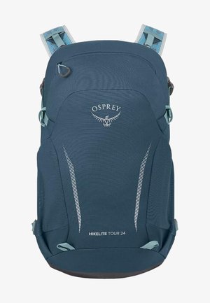 Mochila Osprey Hikelite Tour 24 en azul oscuro con acentos en azul claro, que presenta un diseño elegante, tejido texturizado y franjas reflectantes.