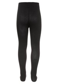 Czarne, nieprzezroczyste rajstopy pełnej długości pokazane z tyłu, z wysokim pasem i bezszwowym wzornictwem.