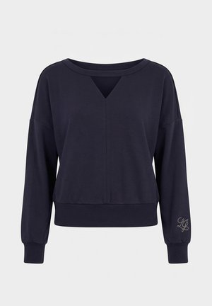 Navy long-sleeve sweatshirt with a wide neckline, V-cut detail, ribbed cuffs and hem, and small rhinestone logo on the left sleeve.