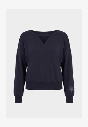 Felpa a maniche lunghe color navy con scollo ampio, dettaglio con taglio a V, polsini e orlo a costine, e piccolo logo in strass sulla manica sinistra.
