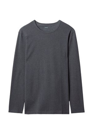 Tričko s dlouhým rukávem z tmavě šedé tkaniny. Má kulatý výstřih, jemnou texturu a minimální švy s rovným lemem. Bez vzorů nebo grafik.
