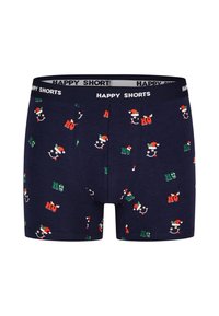 Boxers bleu marine avec un motif festif illustrant des chapeaux de Noël et le texte "Ho" en rouge et vert. Ceinture élastique avec l'étiquette "HAPPY SHORTS".
