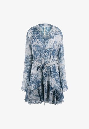 Leichter, transparenter blauer Bademantel mit Blumen- und Paisleymustern, langen Ärmeln, V-Ausschnitt und verstellbarem Gürtel in der Taille. Volantsaum.